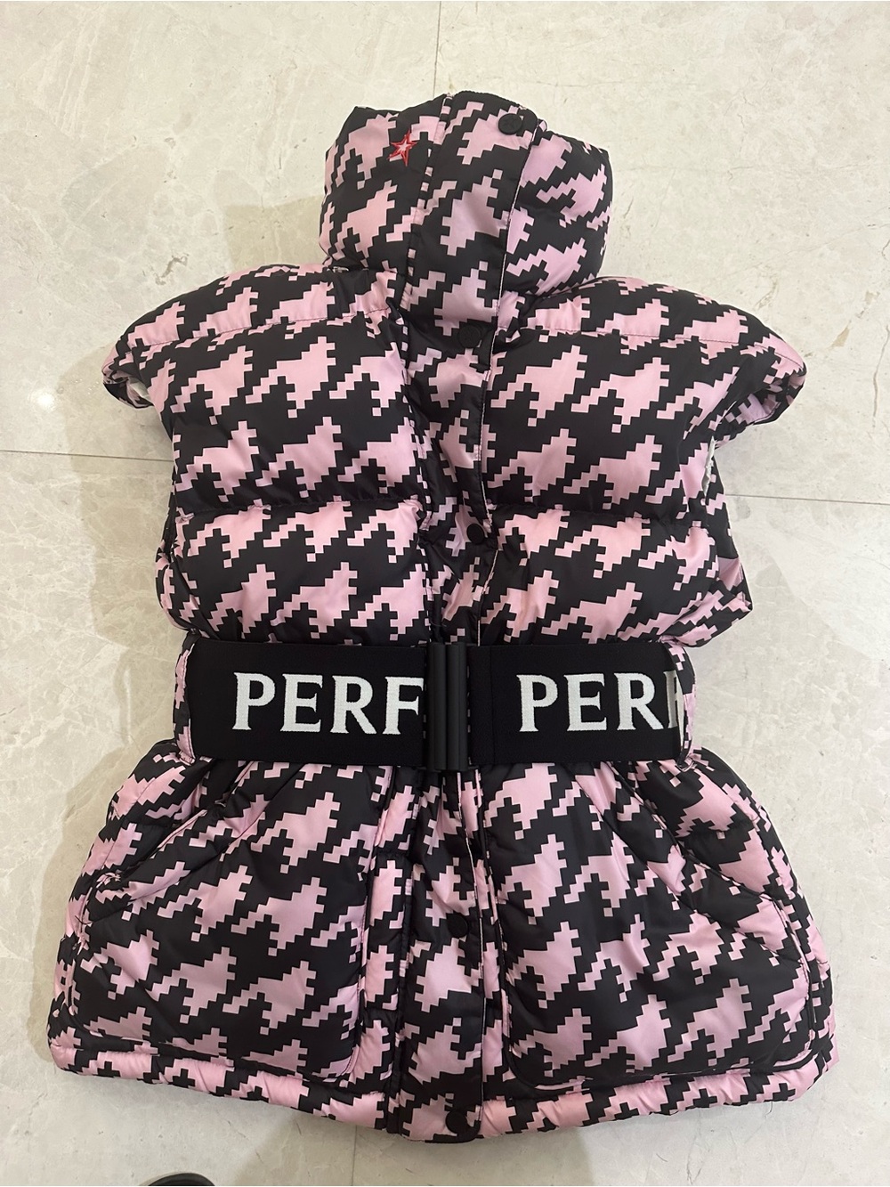 Perfect Moment Pink and Black Houndstooth Puffer Vest with Branded Belt